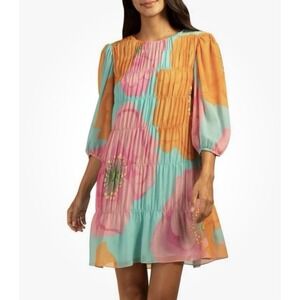 Trina Turk Silvery Pleated Floral Turquoise Dress Women's 3/4‎ Sleeve Size XXL